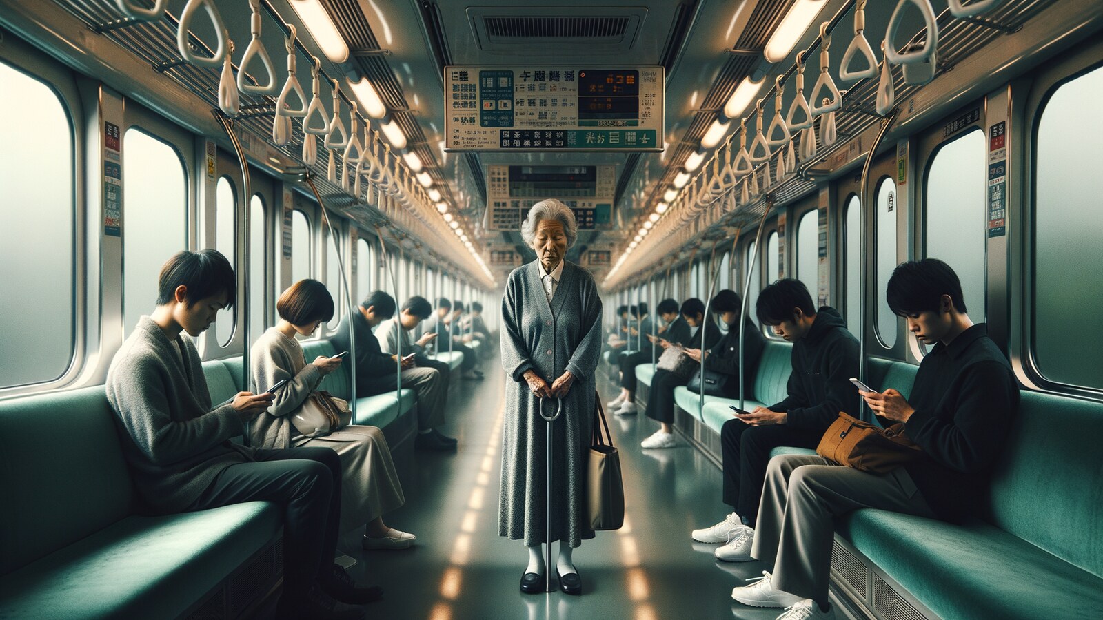 Quiet Tokyo train carriage at rush hour, passengers standing in orderly silence with phones out, an elderly woman holding a strap while younger passengers in priority seats stare at screens