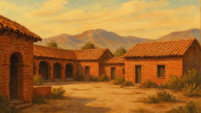 AI-painted illustration of a Spanish colonial hacienda with red brick walls, four small buildings arranged around a central courtyard, soft afternoon light, in the style of a vintage Baja postcard