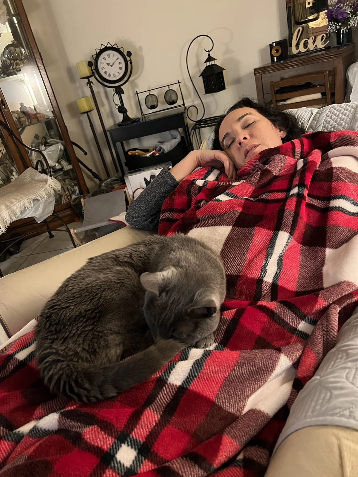 Linda napping with a cat on a lazy afternoon