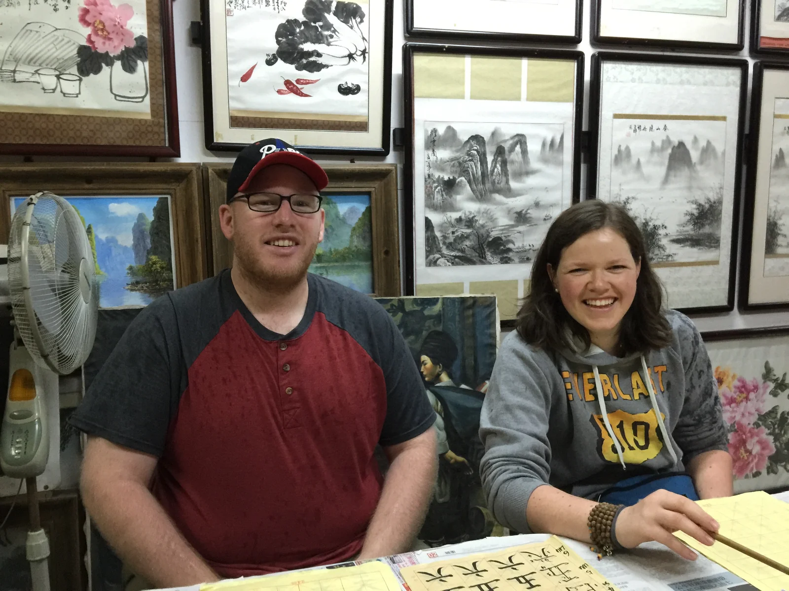 Michael learning calligraphy in China
