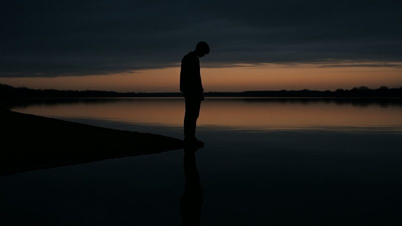 Single silhouette standing at the edge of still water at dusk, their reflection stretching below